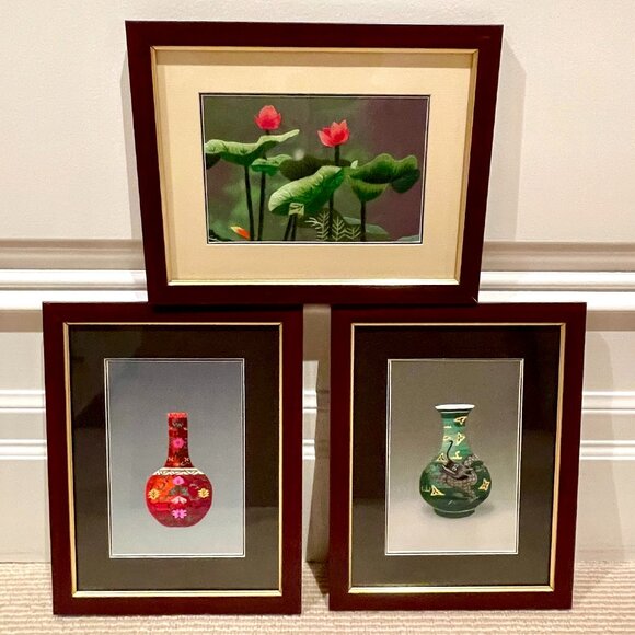 Set of 3 Embroidered Art - Plus Bonus Photo Frame - Picture 1 of 14